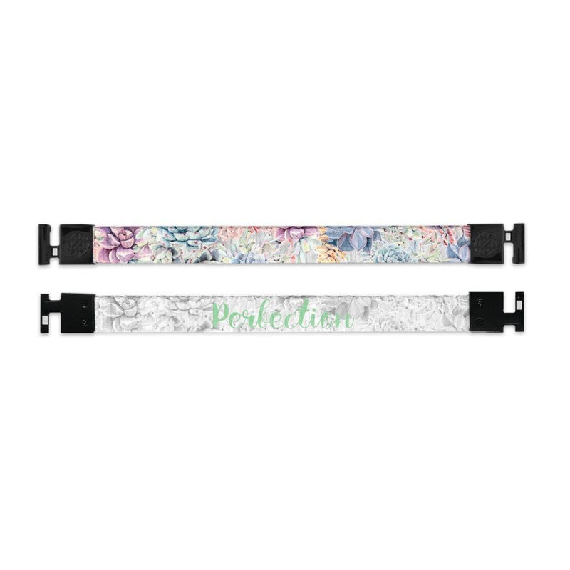 Shows outside and inside design for Perfection imperial with black aglet clasps. Top is the outside design, illustrated light color flowers all across. Bottom is the inside design  with a white background and Perfection centered in light green text