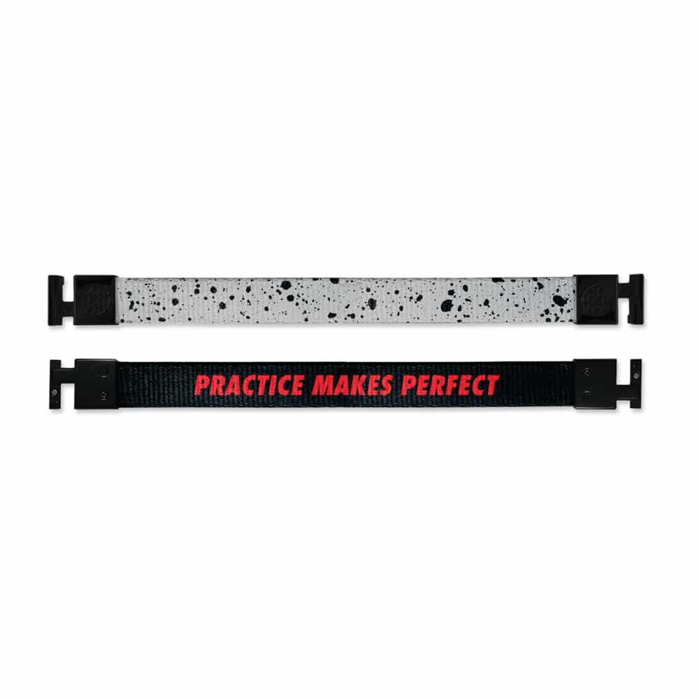 Shows outside and inside design for Practice Make Perfect imperial with black aglet clasps. Top is the outside design, a grey background with specks of black. Bottom is the inside design with a black background and Practice Makes Perfect centered in red text