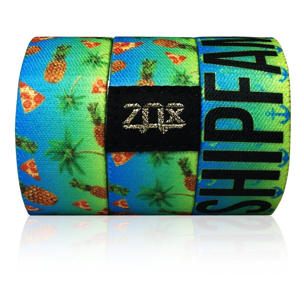 Product photo of the outside and inside of ShipFam2: (outside) blue and green design with repeating palm trees, pineapples, and pizza; (inside) blue and green design with repeating blue and green anchors, black bold 'SHIPFAM' text