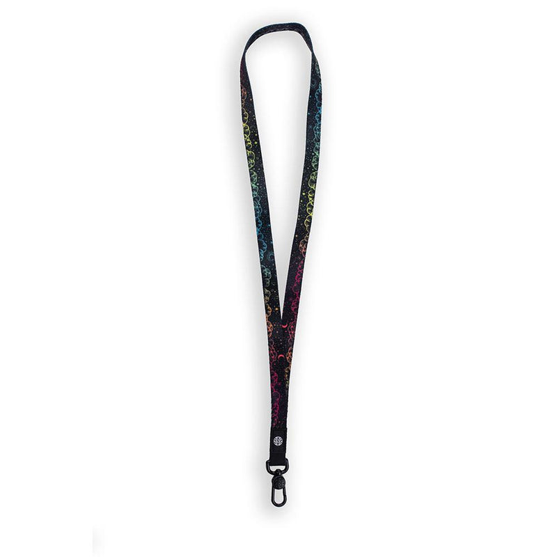 A product image of a ZOX lanyard showing the front of the design with a black colored metal clip. The lanyard is called Stardust and the design is hand drawn clouds that have colors change throughout the entire design. The colors go through the full color spectrum. 