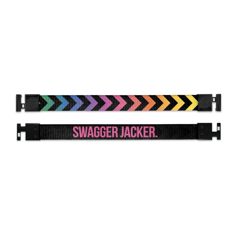 Shows outside and inside design for Swagger Jacker imperial with black aglet clasps. Top is the outside design, a black design with multi-colored chevron shapes go across. Bottom is the inside design with a black background and centered Swagger Jacker in pink text.