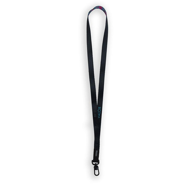 A product image of a ZOX lanyard showing the back of the design with a black colored metal clip. The lanyard is called and says Valor and the design is a grayscale version of the front design which is a digital camouflage 