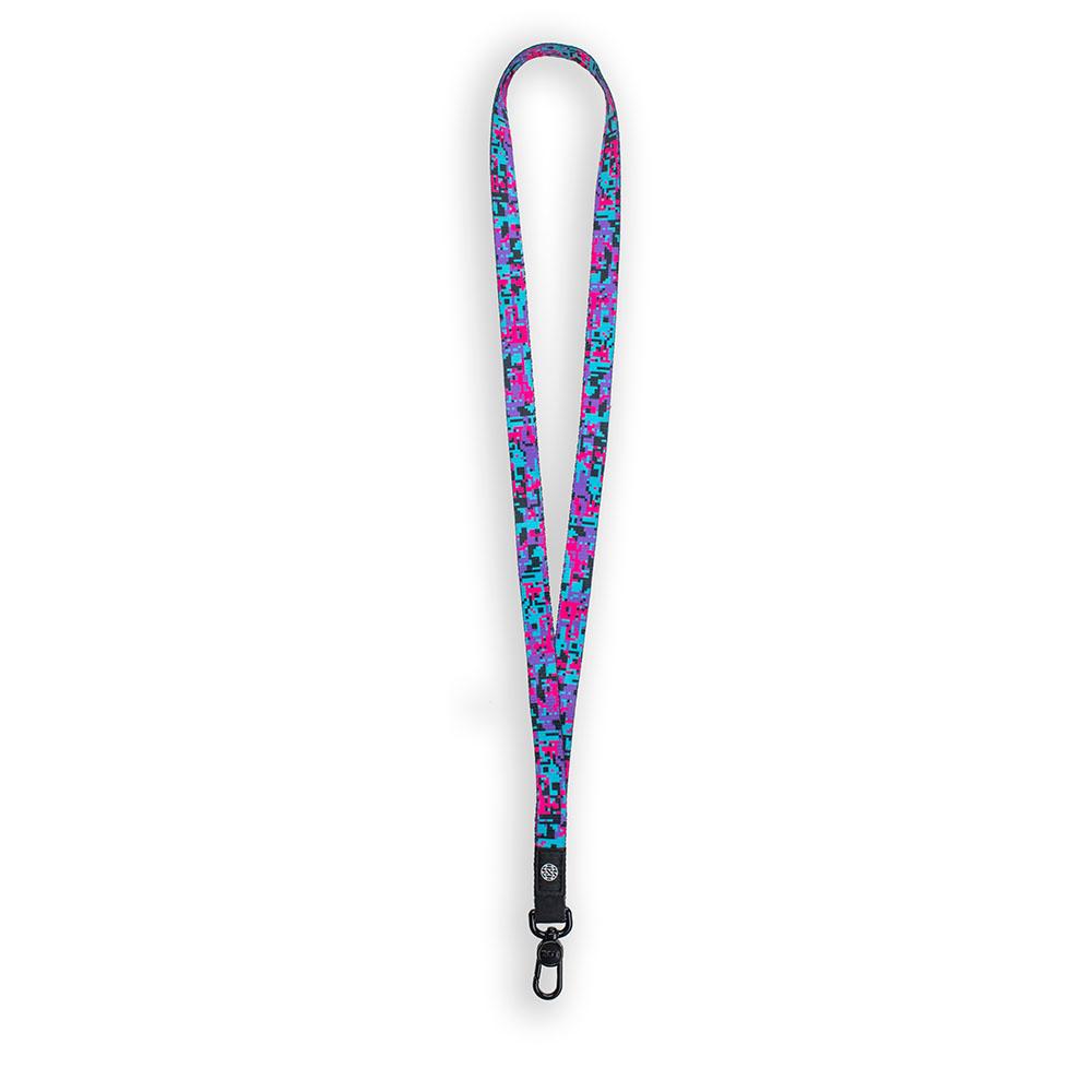 A product image of a ZOX lanyard showing the front of the design with a black colored metal clip. The lanyard is called Valor and the design is a digital camouflage and is pink, light blue, and purple
