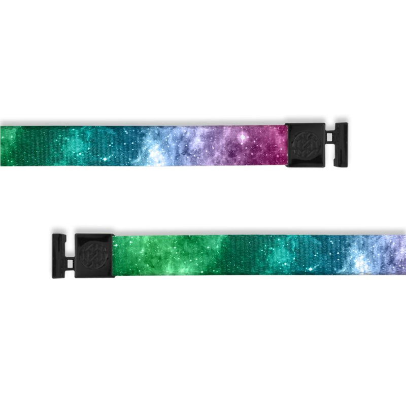 A product image of a wide and flat string with black metal aglets meant to be used with the ZOX hoodie. The string is called Aware and is a outer space galaxy theme with colors such as magenta, purple, pink, different shades of blue, and green 