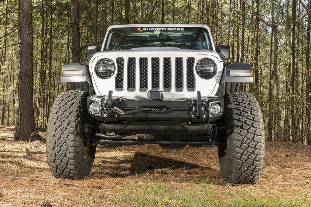 RUGGED RIDGE Arcus Front Bumper, w/ Winch Tray & Tow Hooks, 18-up Jeep –  FORTEC4x4