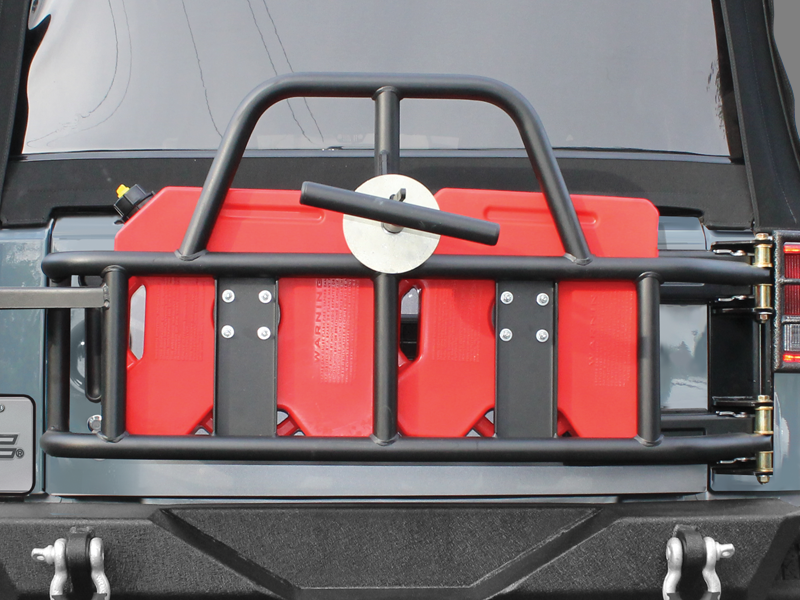 Or Fab Swing Away Tire Carrier With 2 Rotopax Fuel Cans Textured Black For 07 18 Jeep Wrangler Jk Jk Unlimited