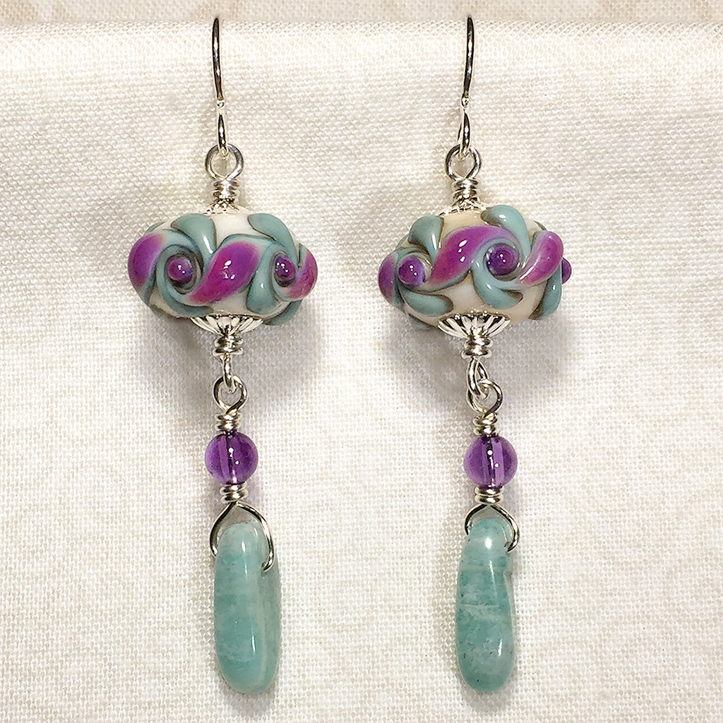 Vortex earrings with art glass beads, amethyst, and amazonite – Elfin ...