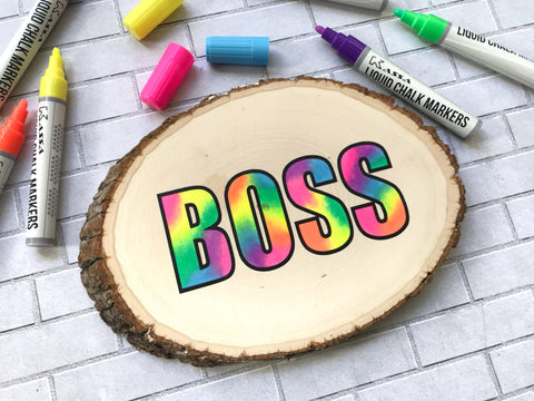 multi colored Wooden Slice Boss decor with kassa chalk markers