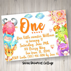 Watercolor Funny & Cute Monsters Birthday Printable Invitation - Seven Dwarves Cottage 