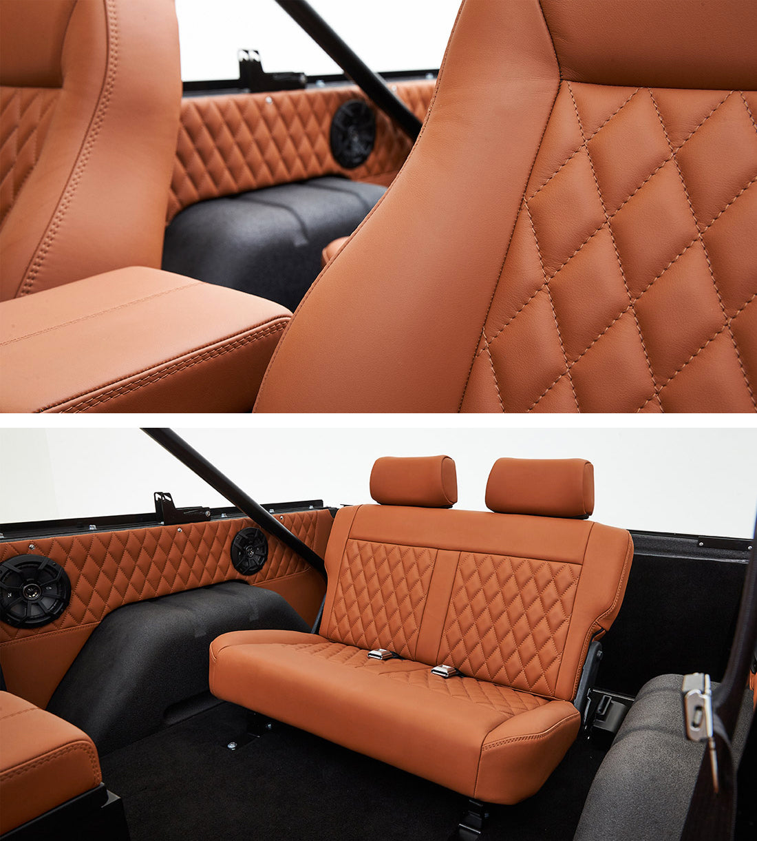 Classic_Ford_Bronco_Relicate_BMW_Cinnamon_Leather diamond stitched bench seat