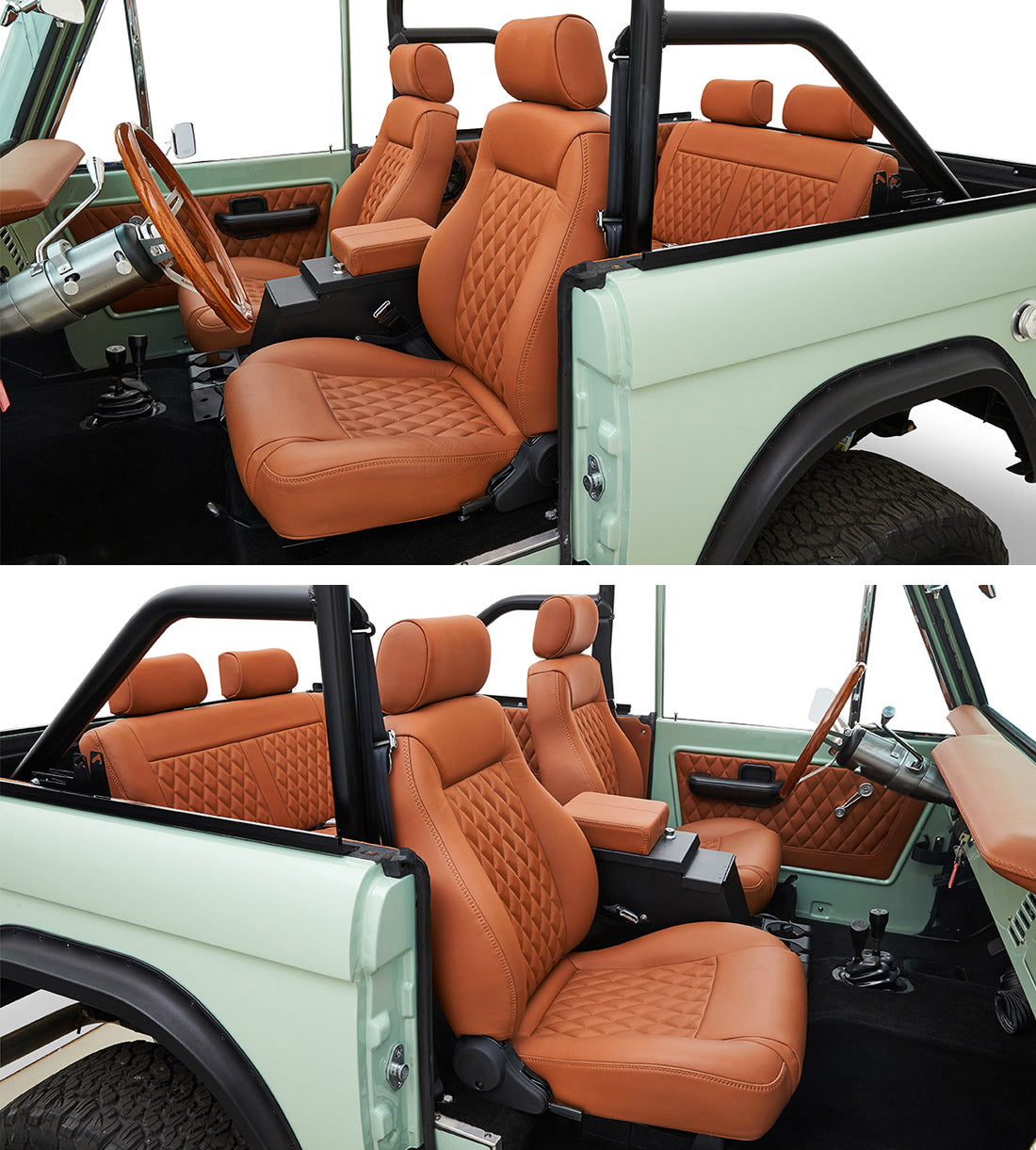 Classic_Ford_Bronco_Relicate_BMW_Cinnamon_Leather interior bucket seats