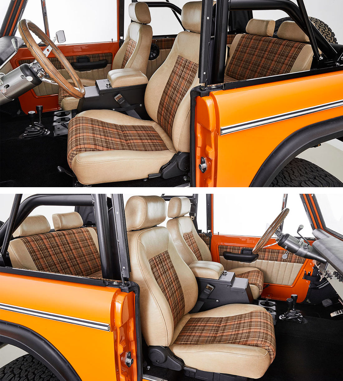 Classic Ford Broncos with Porsche Karo Madras plaid tartan seat fabric Relicate Leather