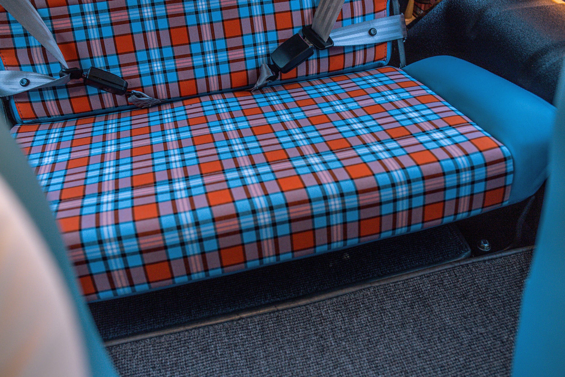 Spirit of le mans plaid tartan fabric cloth bronco interior rear bench seat detail