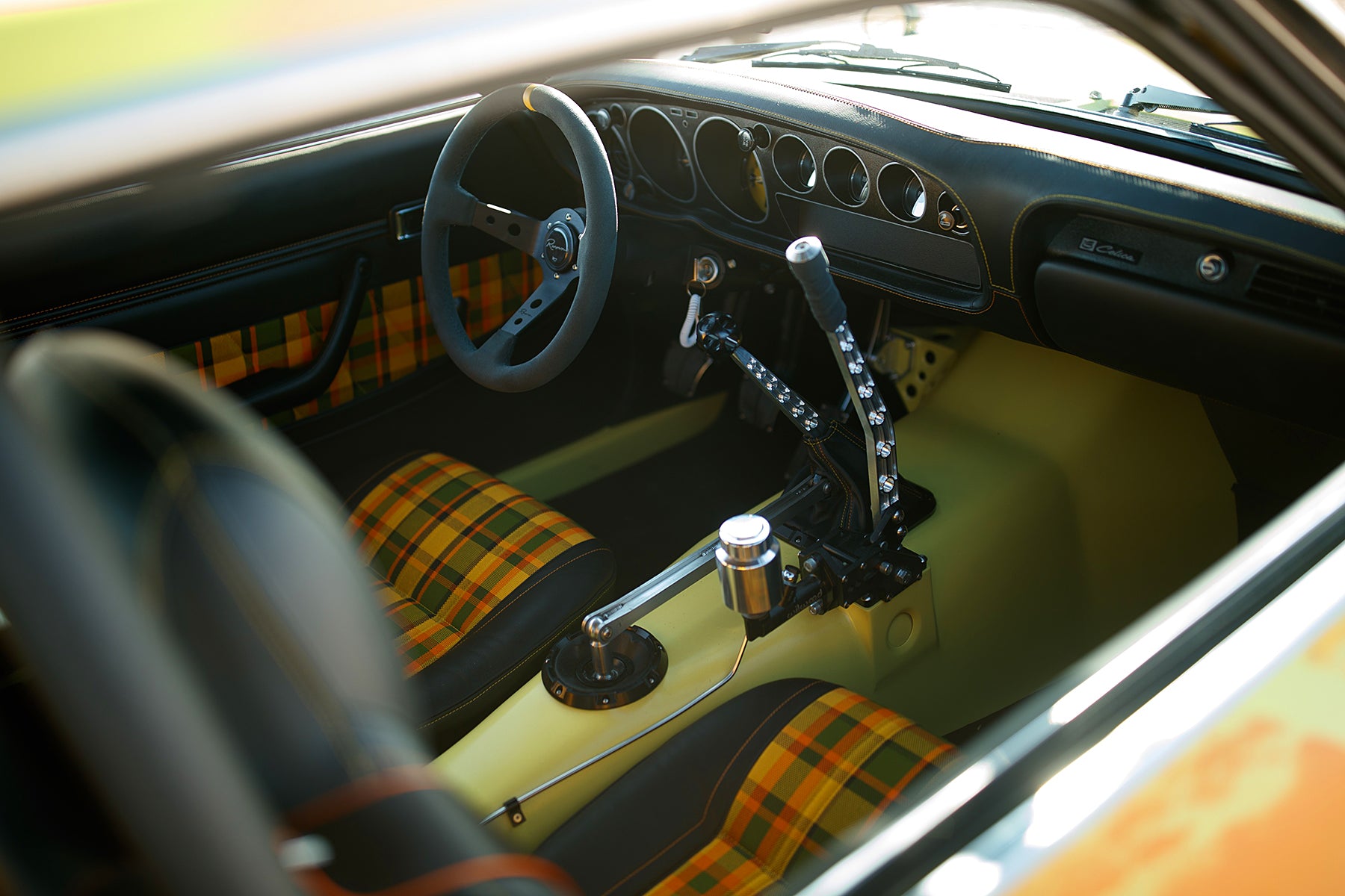 1973 Toyota Celica with Relicate Leather plaid interior JH restorations sema 2019
