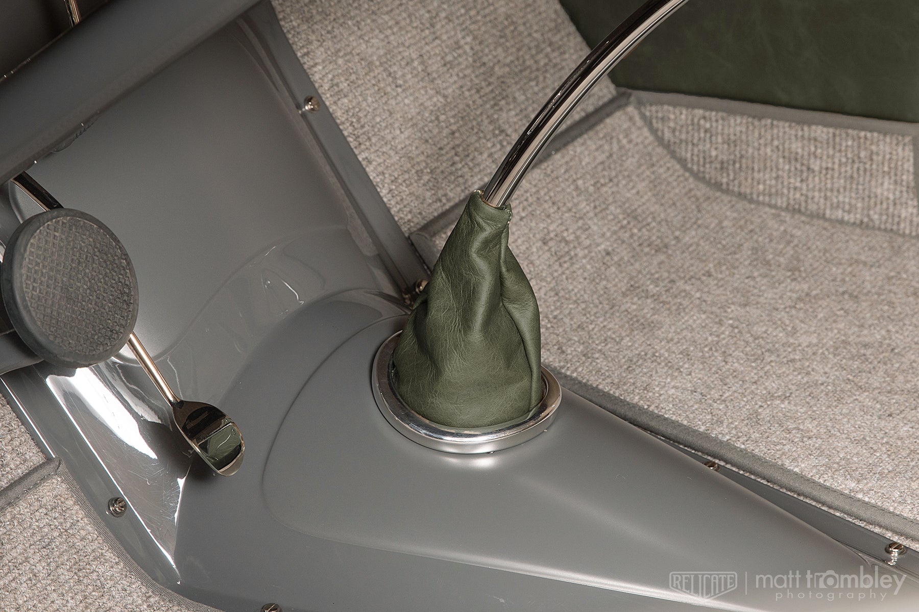 Relicate Green Distressed leather Sir William Devlin Rod and Customs 1933 Ford Interior