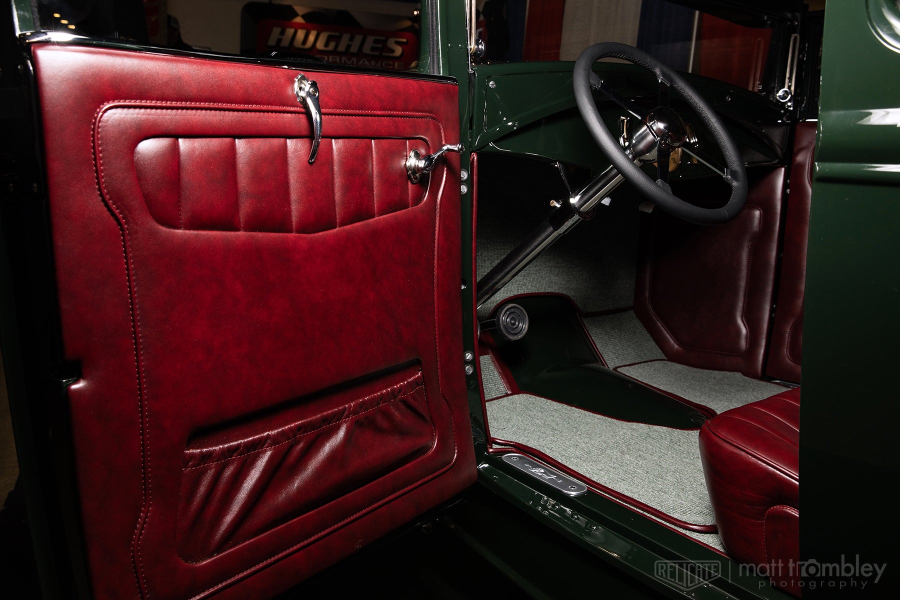 Hilton Hot Rods 1931 Ford Coupe with Relicate Leather Oxblood interior door panel