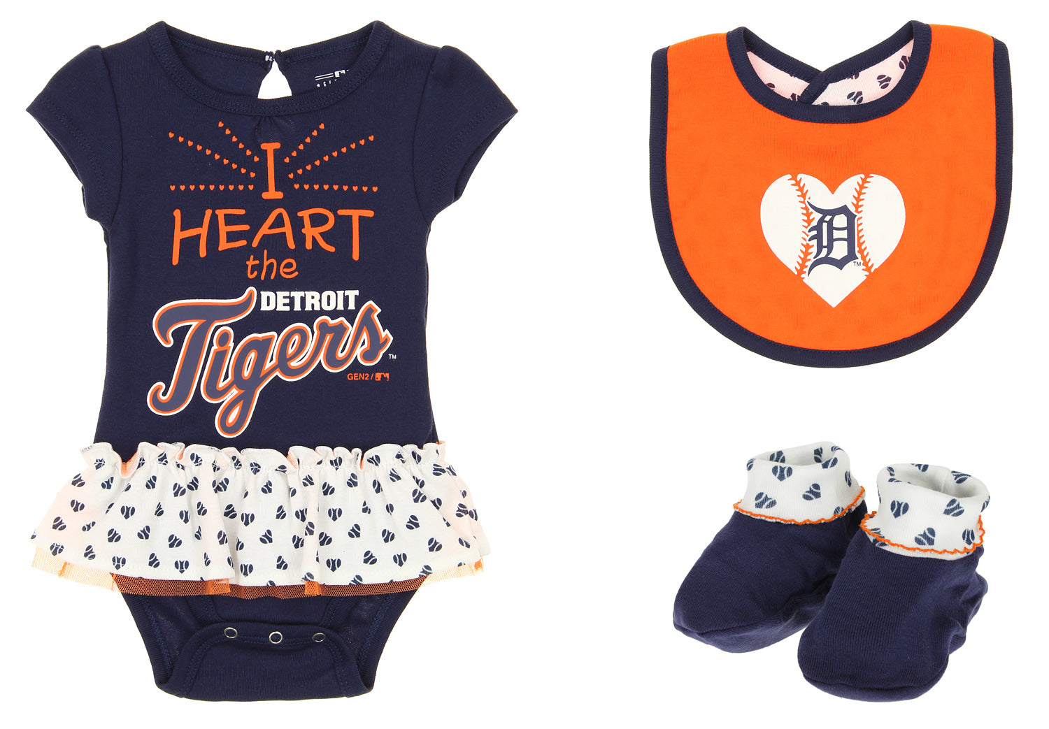 Detroit Tigers Girls Infant Bodysuit, Bib and Booty Set - Navy/Orange