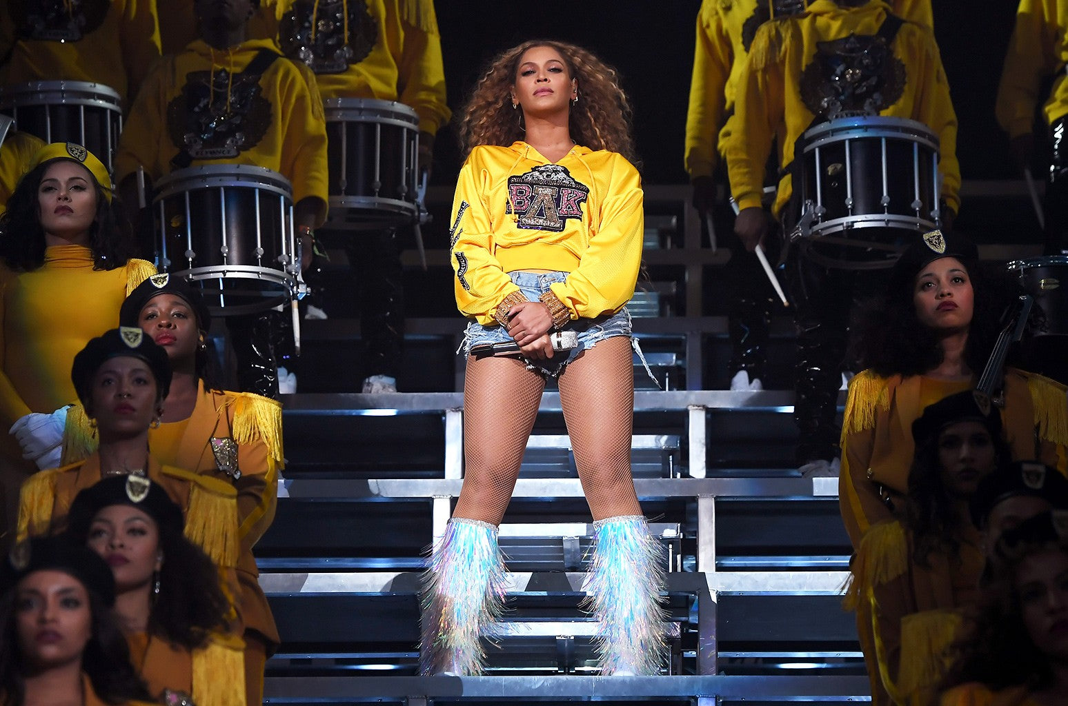Beyonce Knowles Carter wearing fishnet tights at Coachella 2019 for her Homecoming performance featuring HBCUs