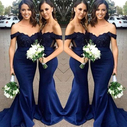 Home Navy Blue Bridesmaid Dress Off Shoulder Chiffon Satin Applique ...