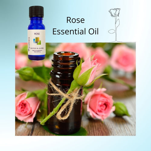Wyndmere Rose Essential Oil diluted in Jojoba, 10ml cobalt blue bottle. With roses and amber bottle