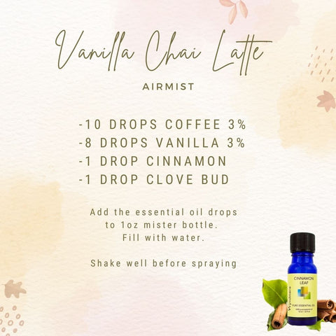 Wyndmere Naturals - Vanilla Chai Latte essential oil DIY recipe - with Vanilla, Cinnamon, Clove Bud pure essential oils.