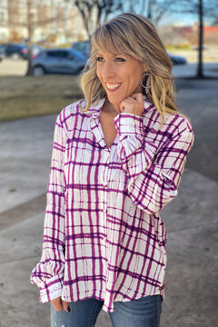 Be Like That Plaid Button Up Long Sleeve Collared Top, Purple