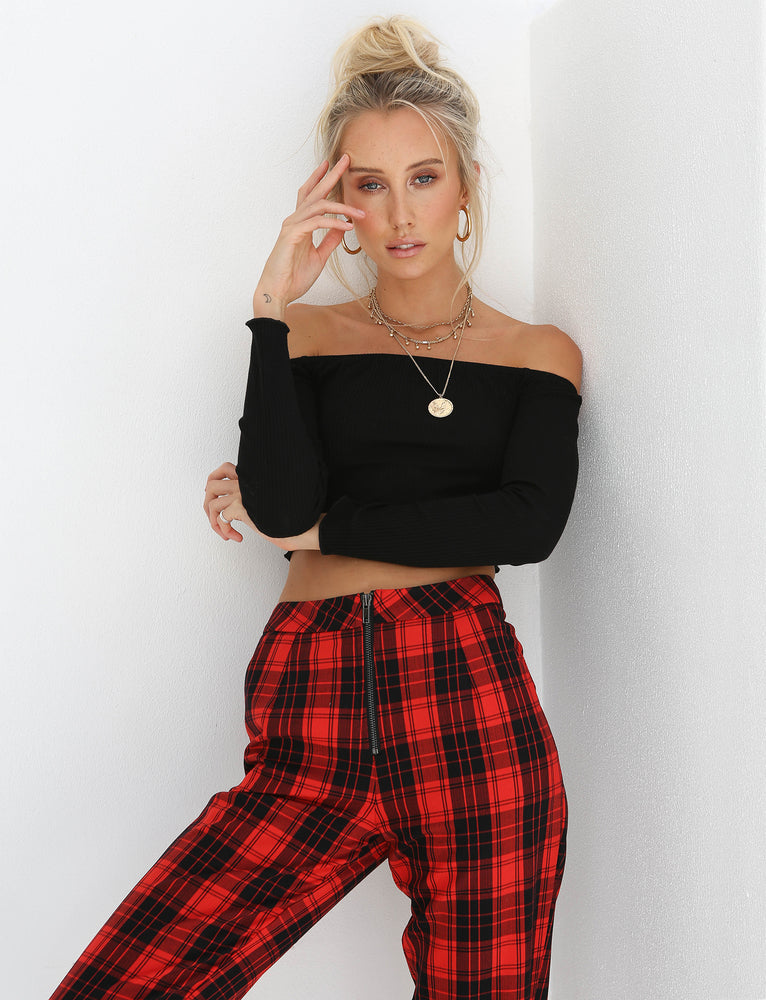 red and black checkered pants
