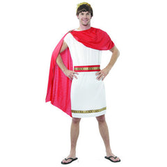 person in white toga with red drape cape. Belt with trim that matches bottom of toga. Person has a gold laurel headpiece on.