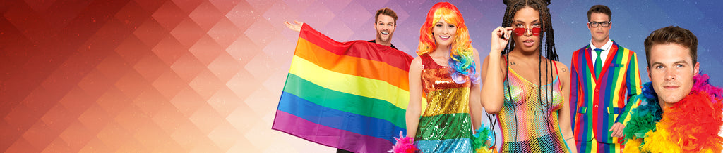 banner style photo with rainbow background. five people are featured who are dressed in rainbow clothing and accessories.