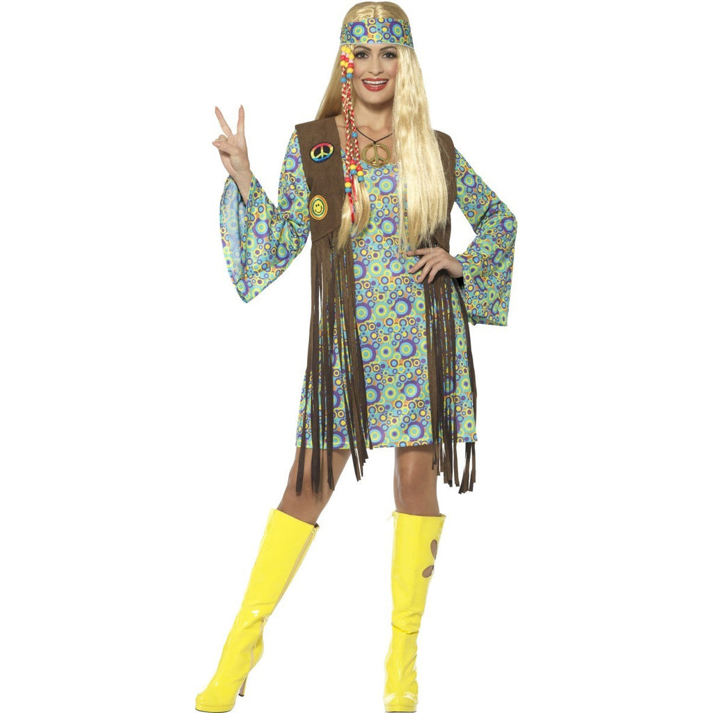 60s Green Hippie Ladies Costume with Fringed Vest – Cracker Jack ...
