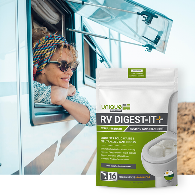 RV Digest-It Plus Drop-In Product Featured Over Woman looking out the window on her RV.