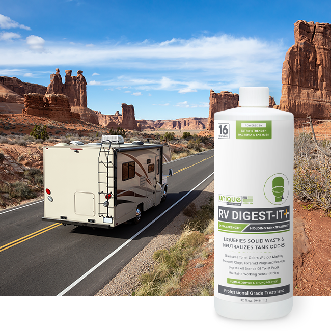 RV Digest-It+ Product Featured Over RV In Utah Desert. Unique Camping + Marine