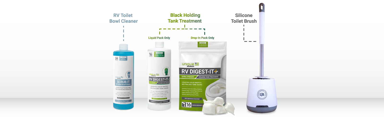 Full Timer Camping Pack contains our three staple products. RV Digest-It, Scrub-It, and our new RV toilet brush.