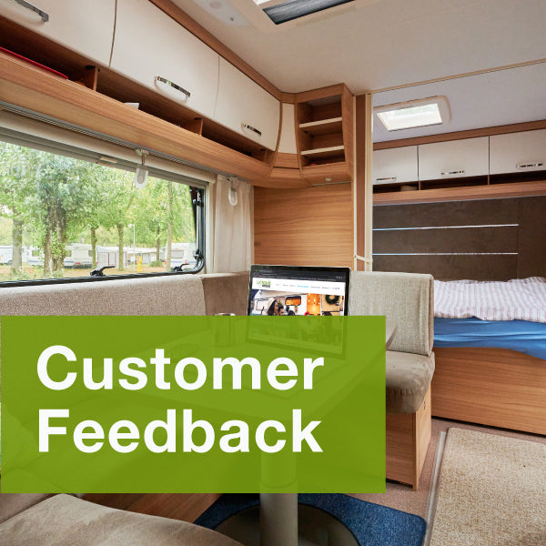 We need Customer Feedback. Unique Camping + Marine open on a laptop in an RV