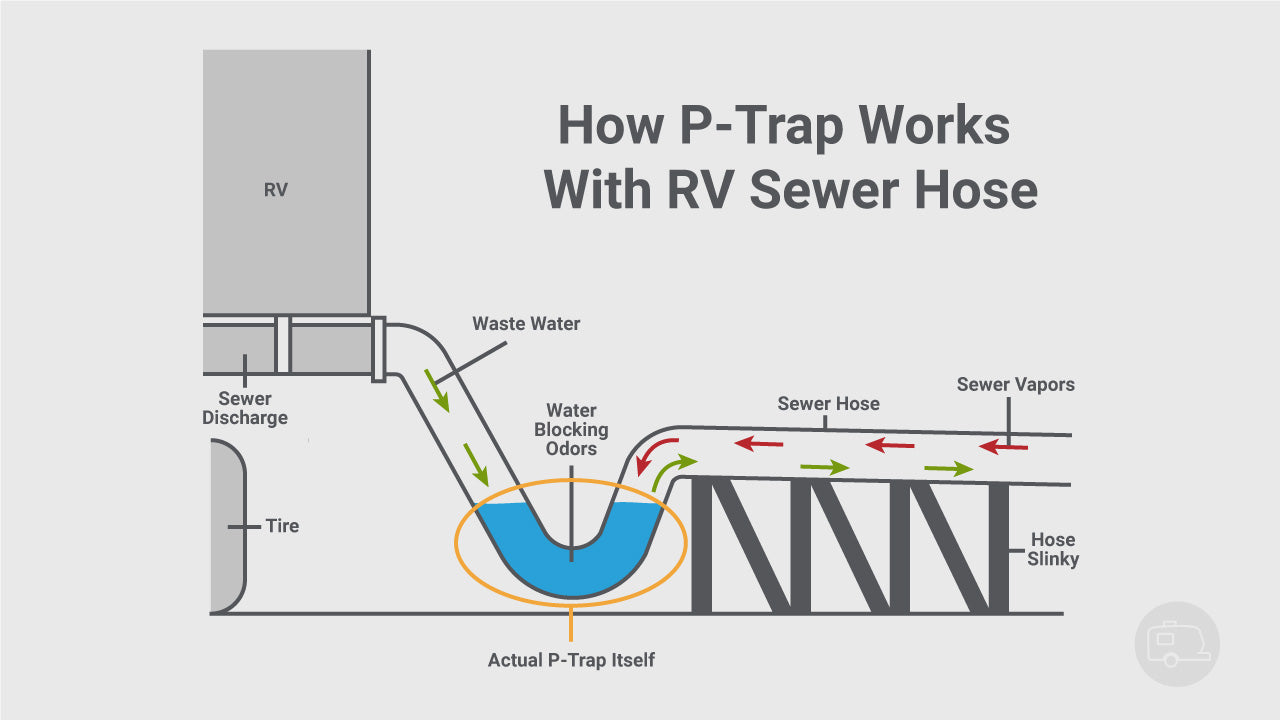 Illustration showing how an RV sewer hose p-trap works and how to set up an RV sewer hose p-trap to block odors from the RV dump station