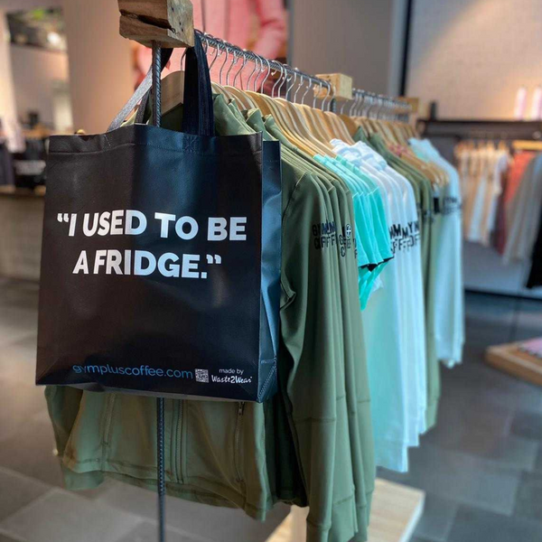 'I Used To Be A Fridge' recycled bags by Gym+Coffee