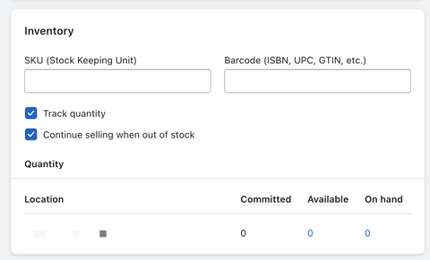 Inventory setting in Shopify product admin showing that the product can continue to be sold when out of stock