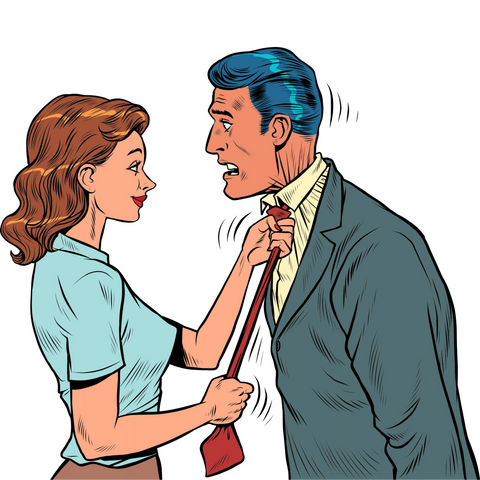 Woman ties a mans tie. He looks like he's being strangled.