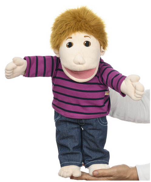 Eli, Boy Hand Puppet & Free Drawstring Bag wearing a long sleeve t-shirt & jeans,