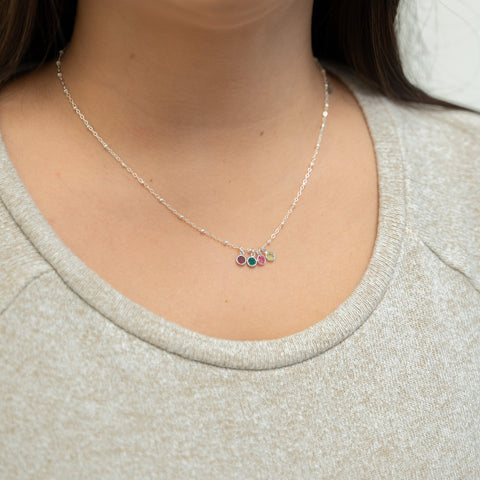 Silver Birthstone Charm Necklace for Mom on Model