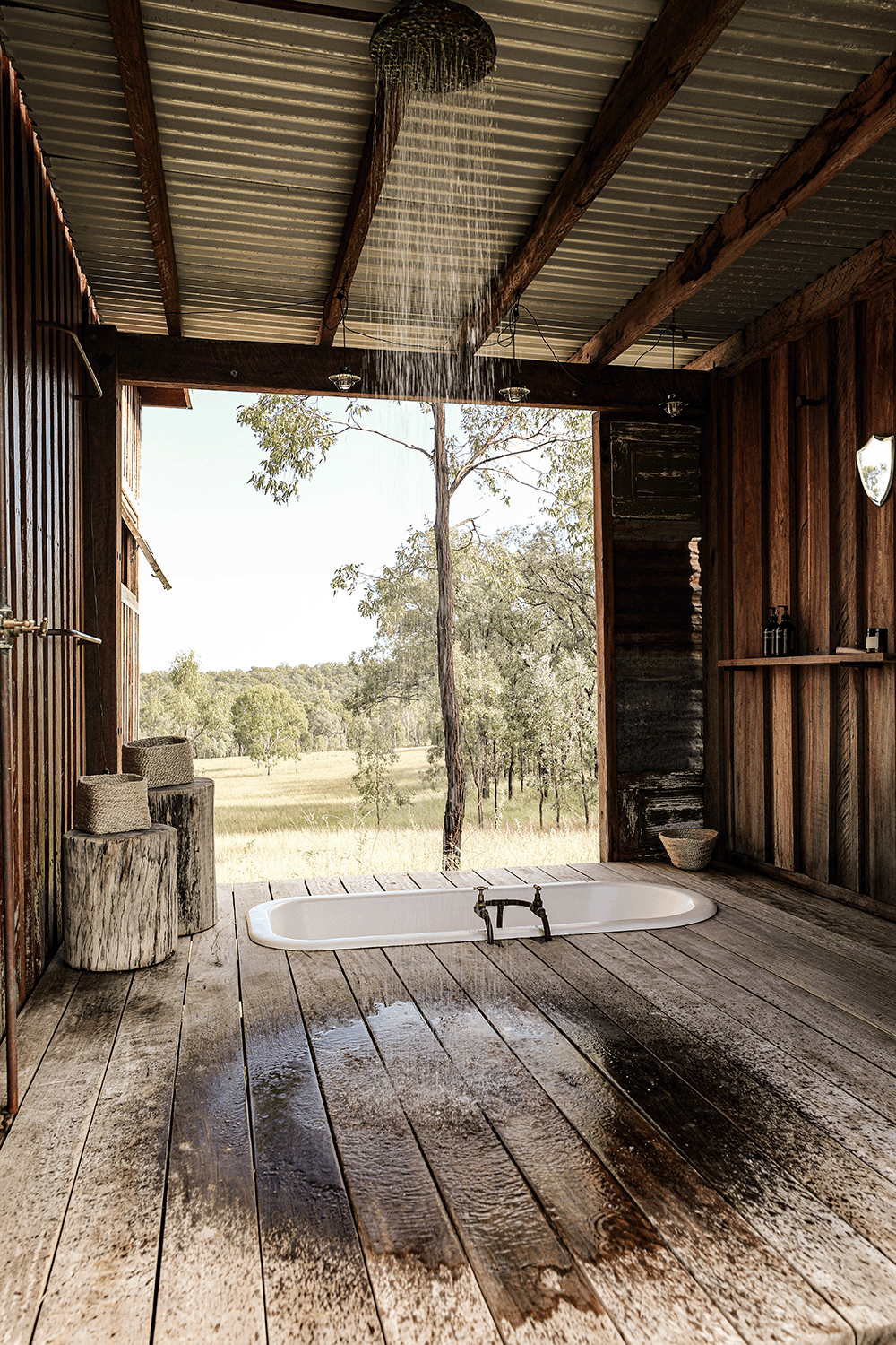 outdoor rustic bathroom at Bloodwood Cabin, Queensland, Australia