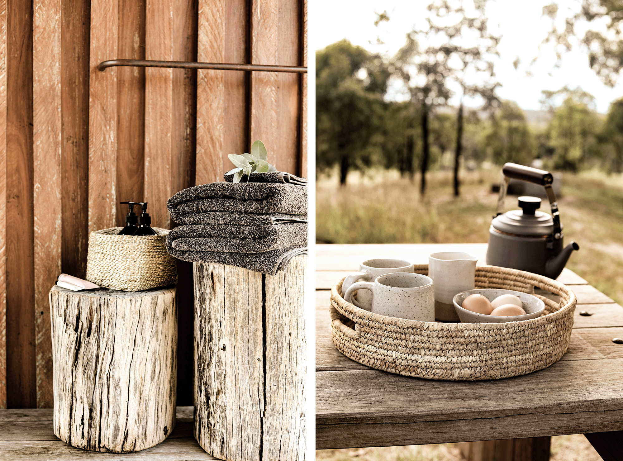 Bloodwood Cabin rustic exterior bathroom and outdoor dining