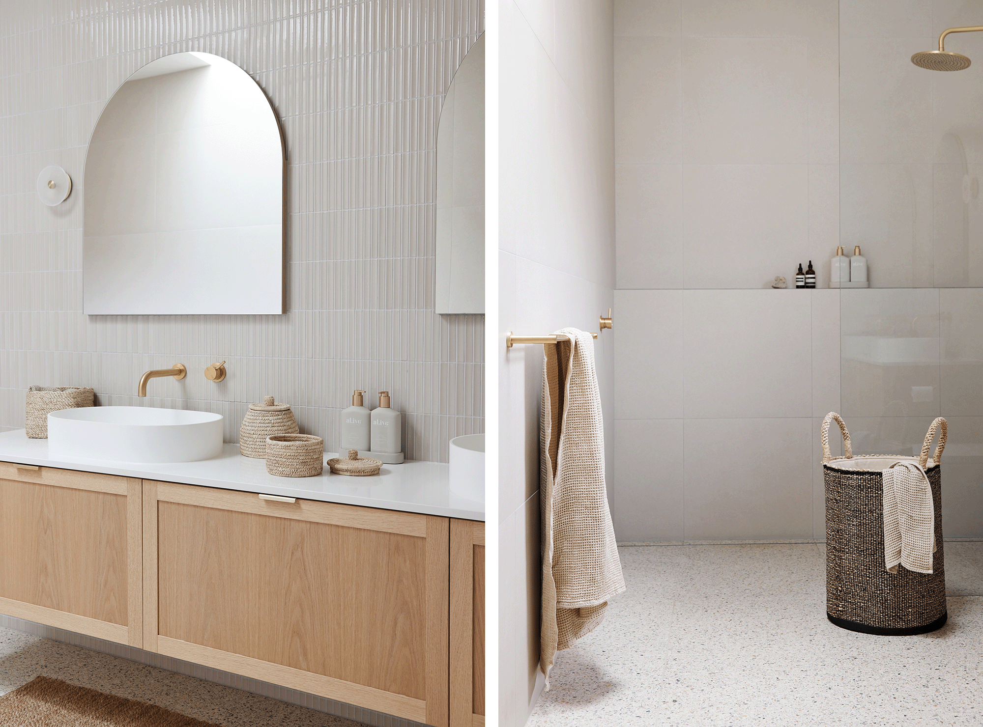 modern bathroom with handwoven baskets in home by Davey Constructions