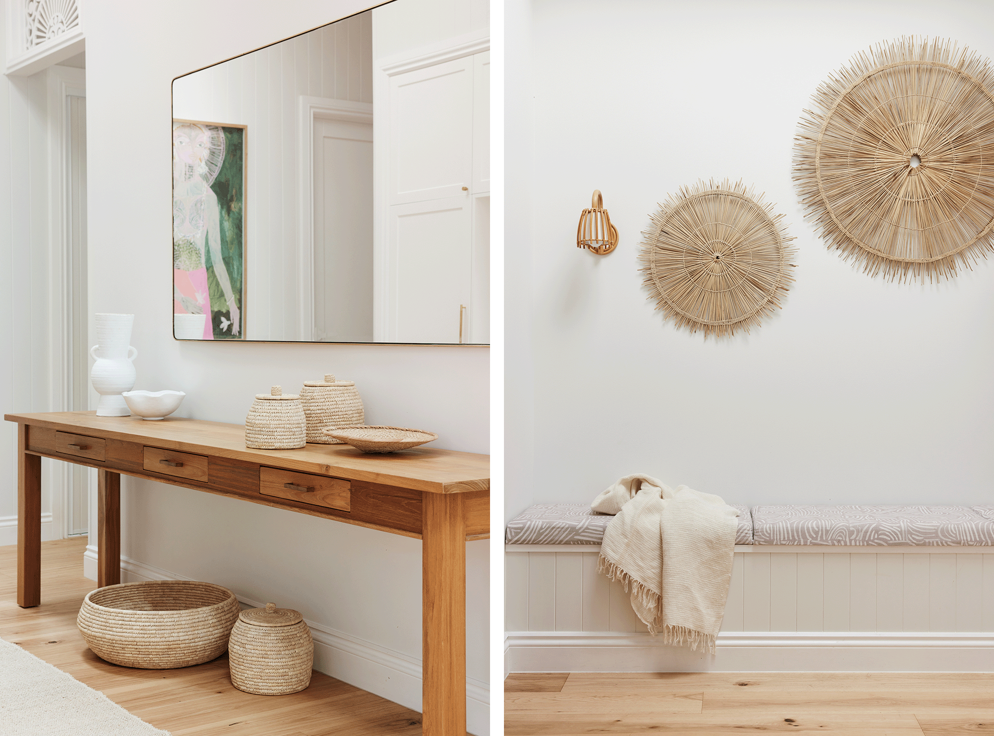 entryway with woven round wall hangings and bench seat + console with woven baskets