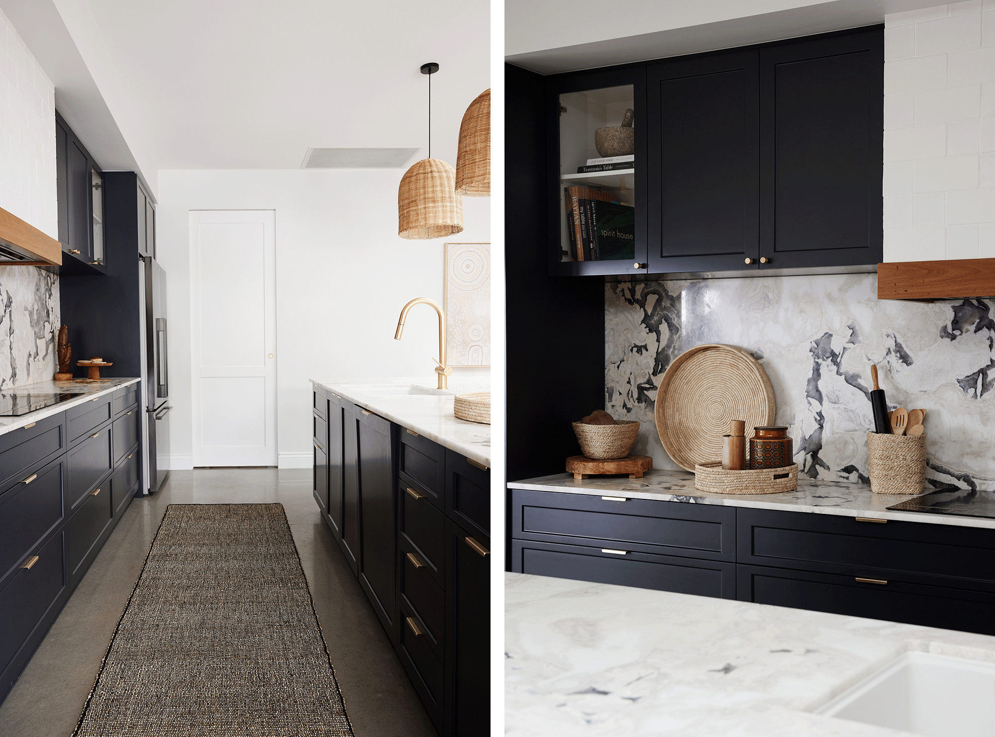 Navy blue kitchen at coastal cottage with woven baskets & trays designed by Sarah Davey