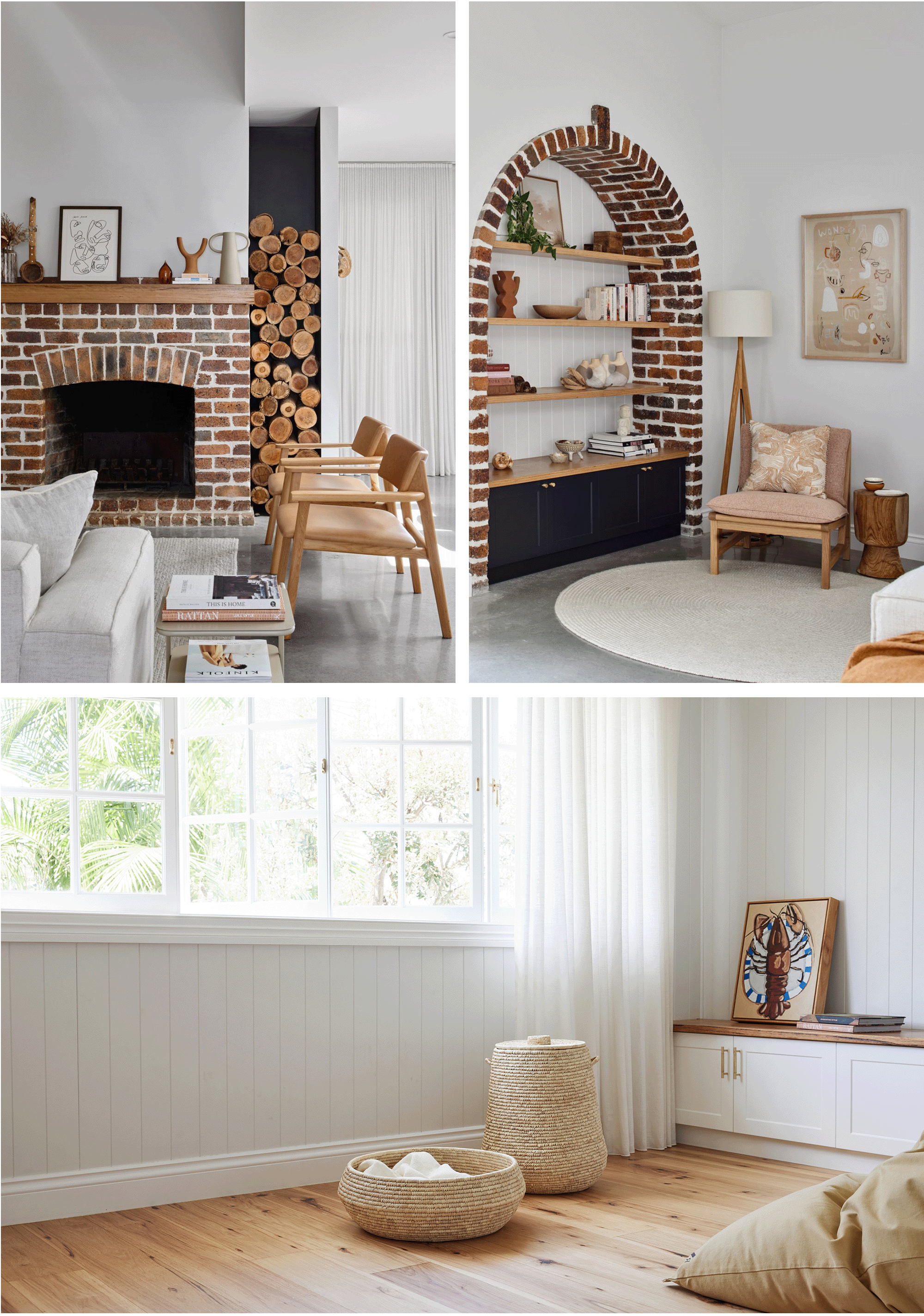 living areas featuring brick arch and fireplace, traditional cottage elements and woven baskets