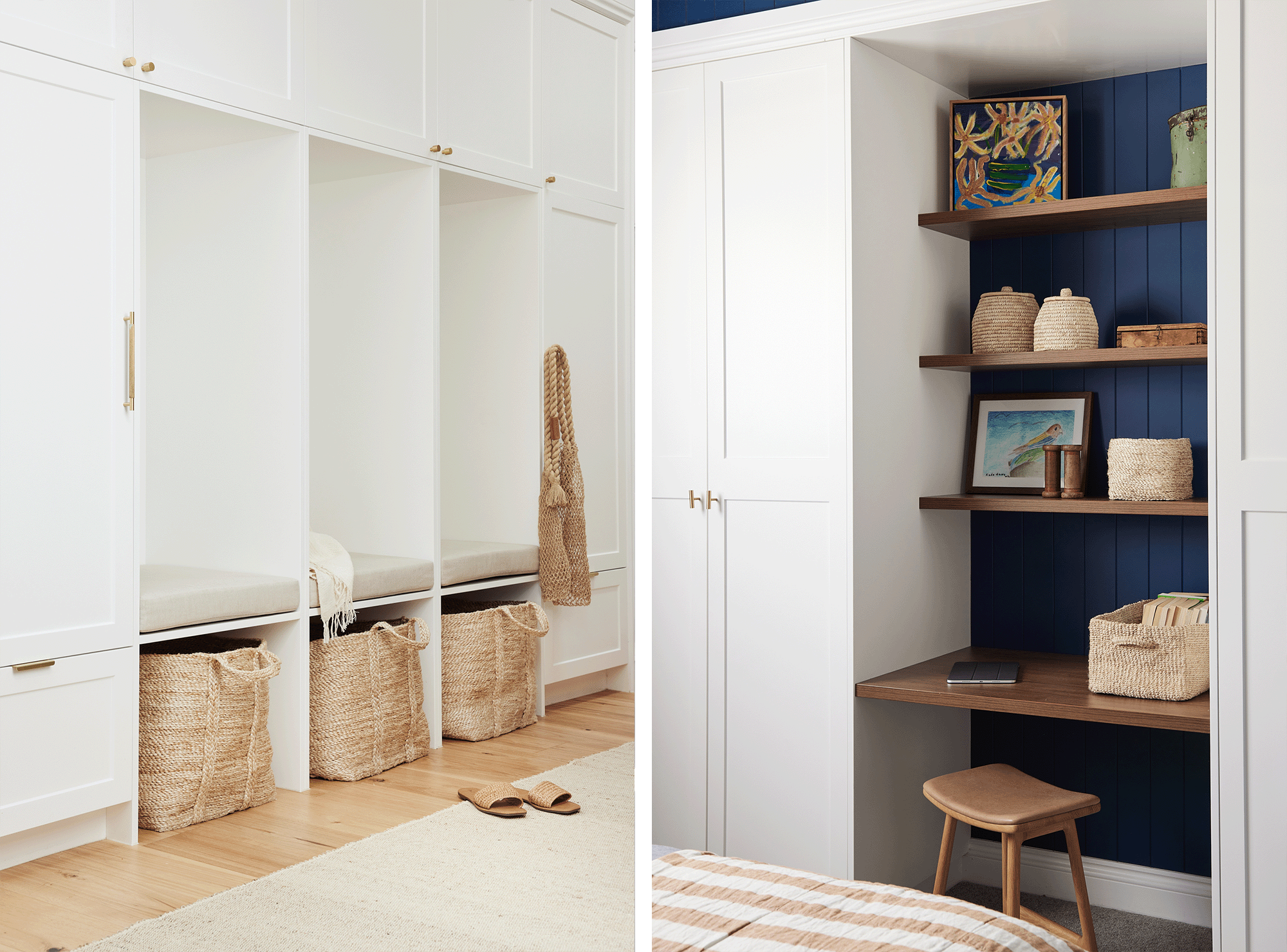 Mudroom with white cabinetry and jute baskets and open shelving with baskets on open shelving
