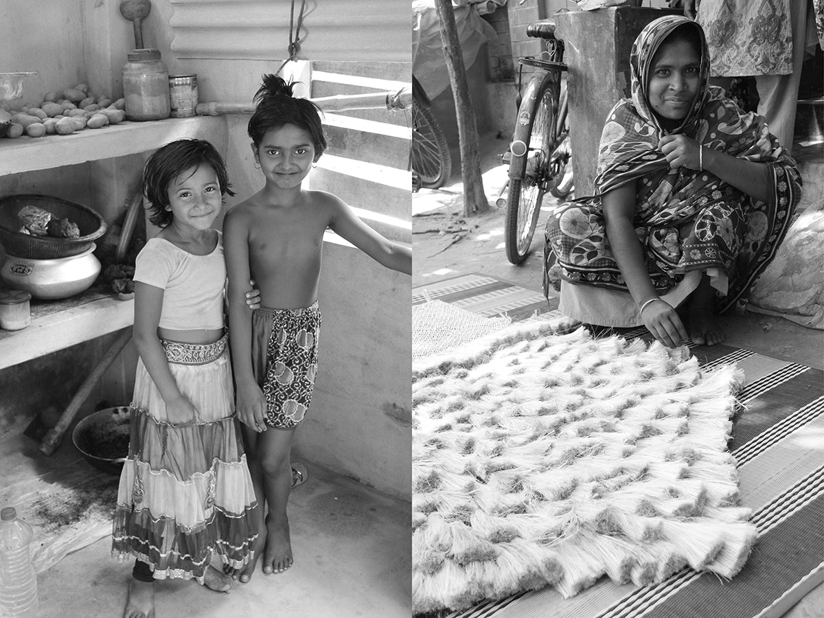 Two children of our artisans and a female artisan showing a tassel wall hanging she is working on