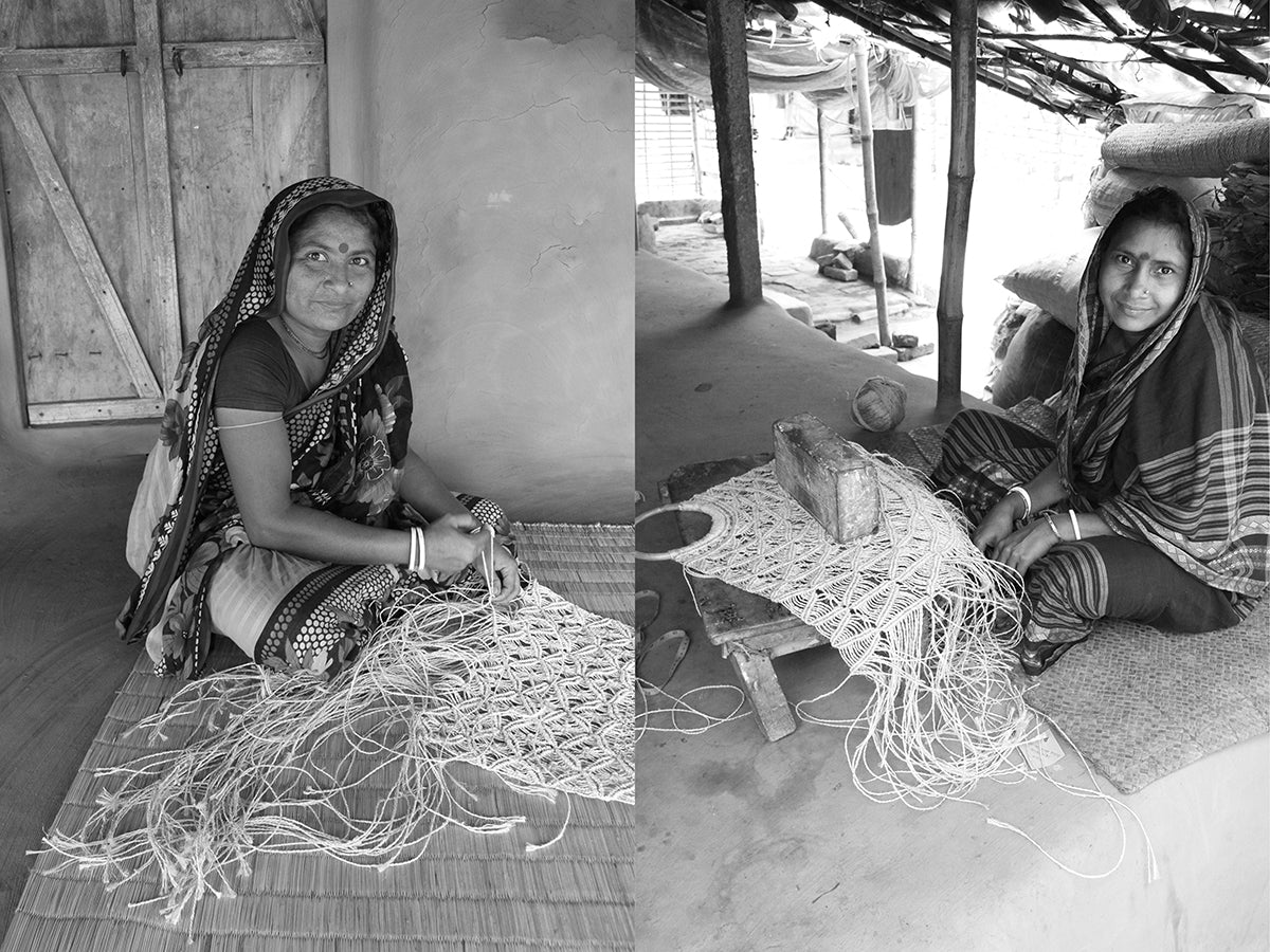 Two of our skilled artisans handweaving our woven string bags