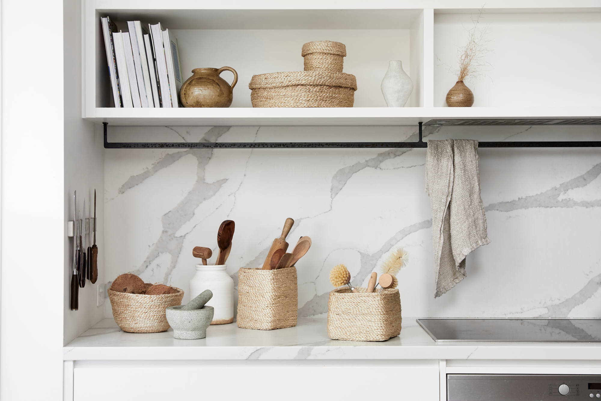 Woven baskets styled in a kitchen